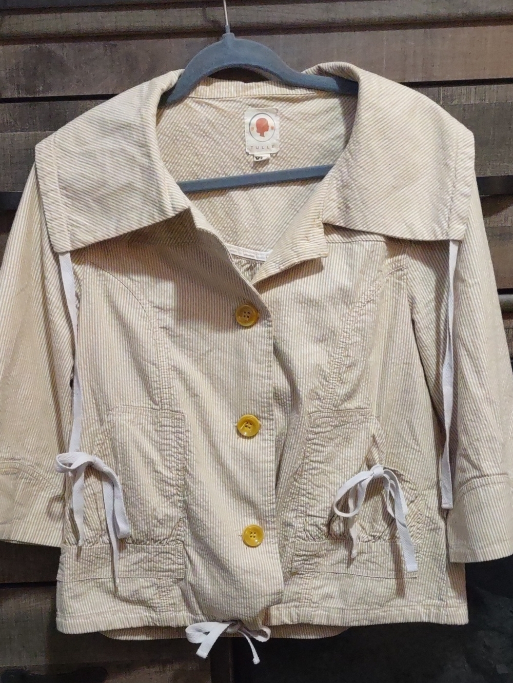 Tulle Cream Pinstripe Utility Jacket with Yellow Buttons